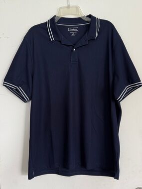 Club Room Performance Navy Polo w/White Double-Stripe Collar and Cuffs XL EUC